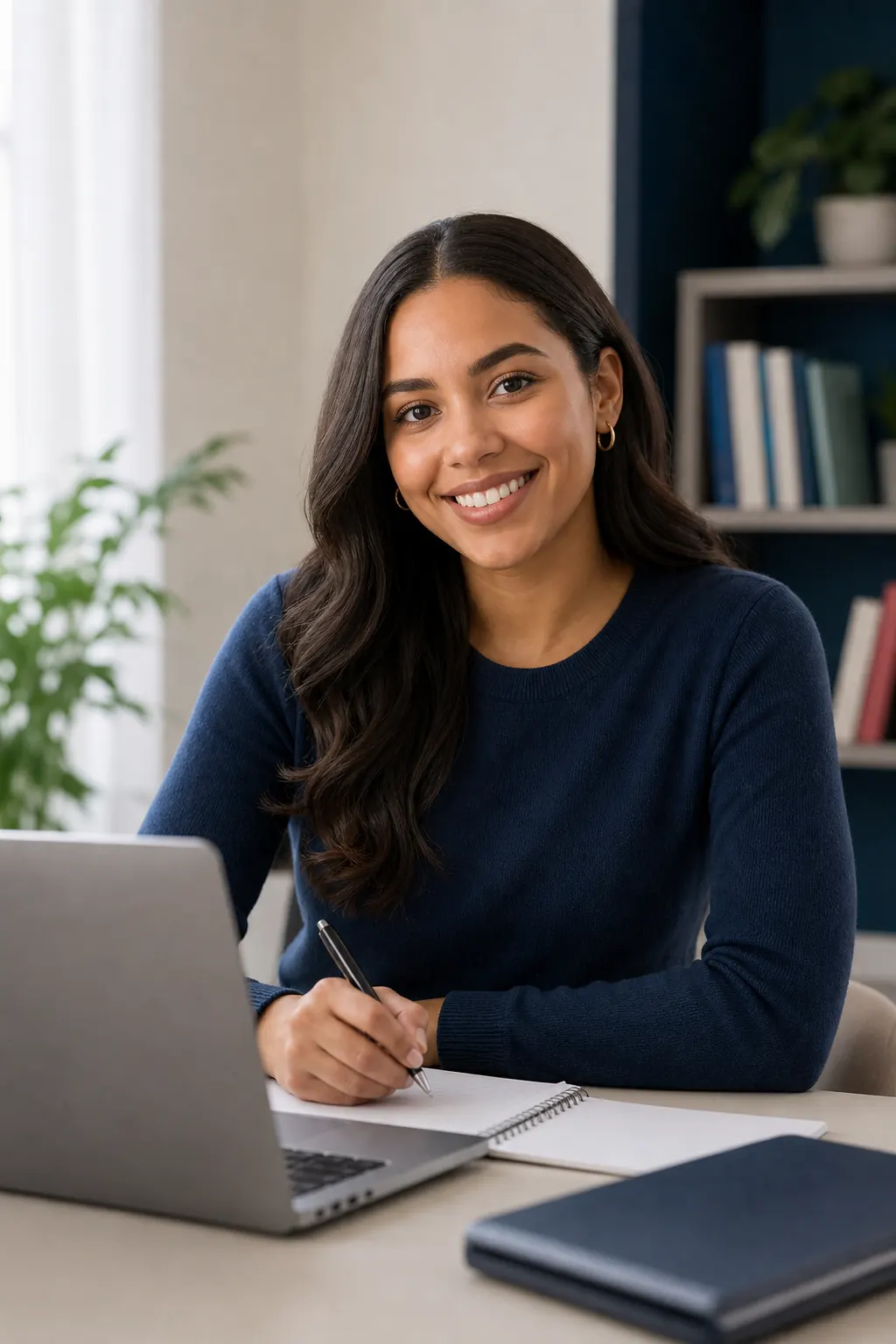 Confident Dominican female student after improving English fluency