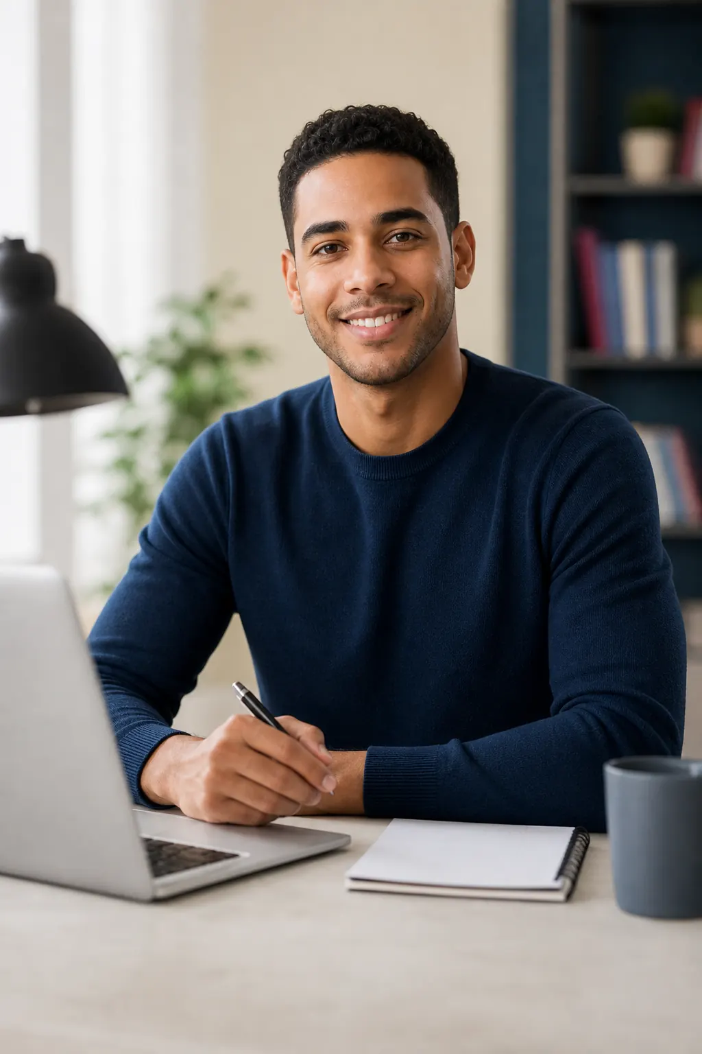 Confident English student studying online